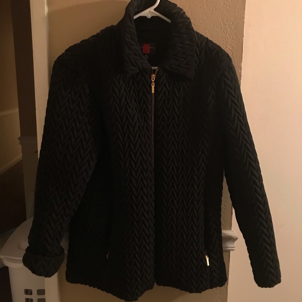 Fabric chevron patterned puffy jacket gold zipper
